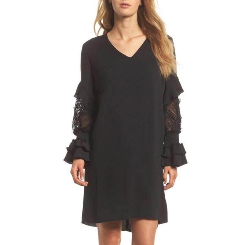 Kobi Halperin Alda Lace Sleeve Shift Dress Black Fringe V Neck Ruffle Size XS